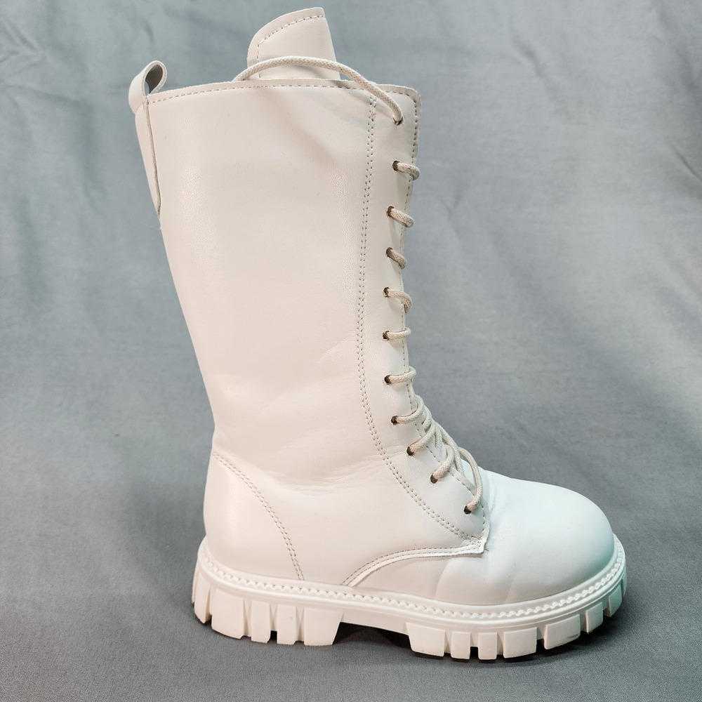 SSTX Unisex Kids White Combat Boots Lace-Up Side Zipper Chunky Sole US size 13
